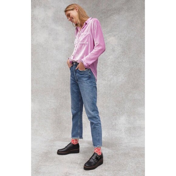 PILCRO Mara Lilac Purple Viscose Velvet Button Down Pocket Shirt, Size 12 - Picture 2 of 16